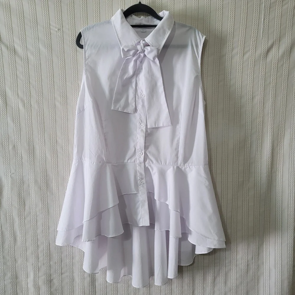 New York & Co Sleeveless Blouse XL White Bow Tie Neck Tiered Ruffle Peplum Hem - Picture 2 of 8